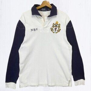 Ralph Lauren Vintage Long Sleeve Rugby Polo Collar Shirt White and Blue Size XL